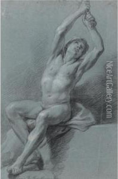 A Seated Male Nude, Arms Raised, Pulling On A Cloth Oil Painting - Louis de, the Younger Boulogne