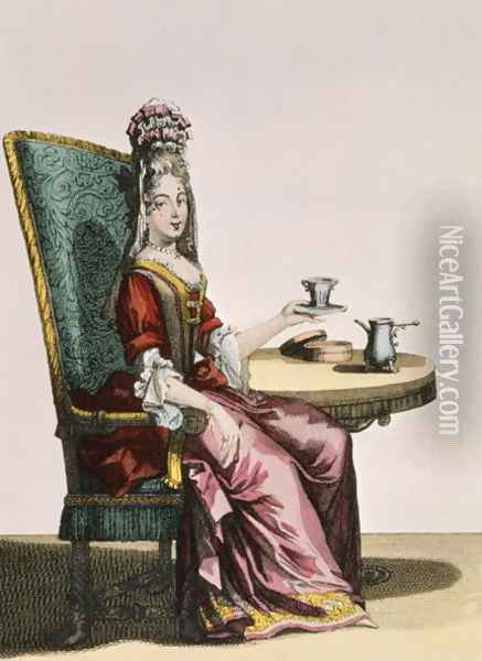 Lady Taking Coffee, fashion plate, c.1695 Oil Painting - Nicolas Bonnart