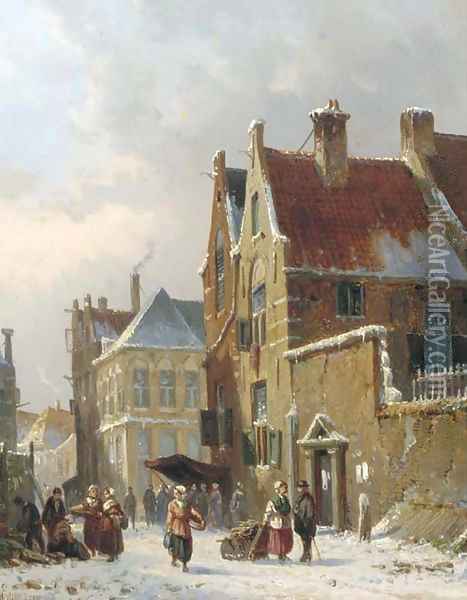 Townsfolk in a snow covered street Oil Painting - Adrianus Eversen