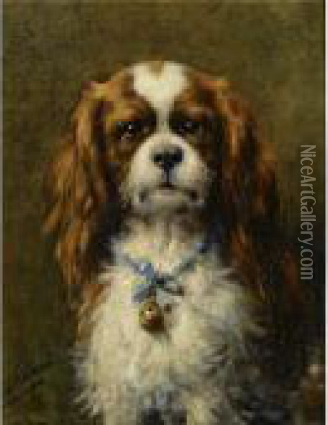 A King Charles Spaniel With A Blue Ribbon Oil Painting - Otto Eerelman