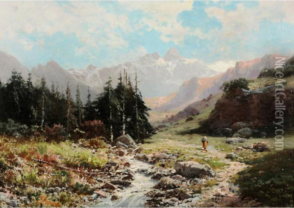 Paesaggio Con Montagne Innevate Oil Painting - Eugenio Amus
