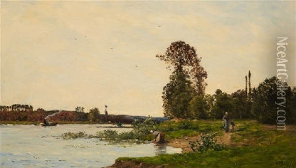 Riverbank With Washerwomen Oil Painting - Hippolyte Camille Delpy