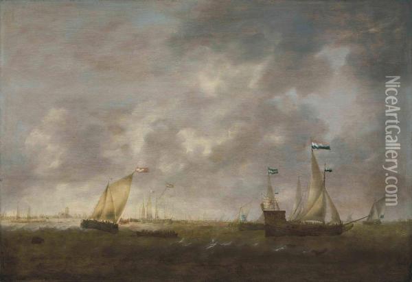The Zeeland Fleet On The Merwede, Dordrecht In The Distance Oil Painting - Jacob Adriaensz. Bellevois