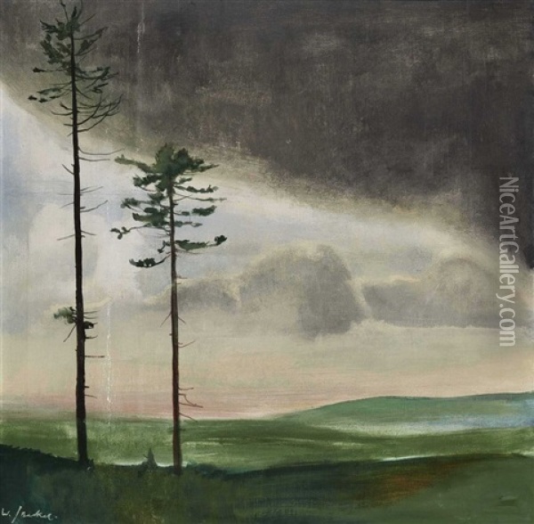 Zwei Baume In Weiter Hugellandschaft Oil Painting - Willi Jaeckel