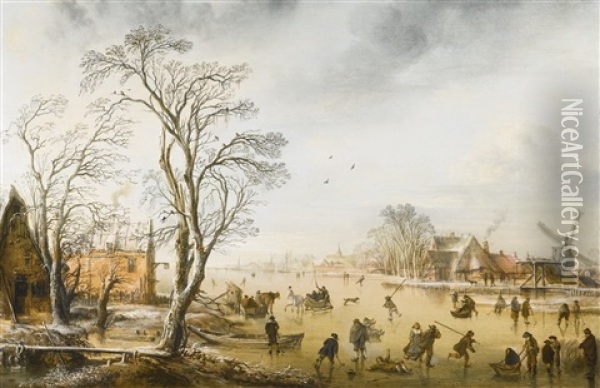 A Winter Landscape With Skaters And Kolf Players On A Frozen River By A Village Oil Painting - Aert van der Neer