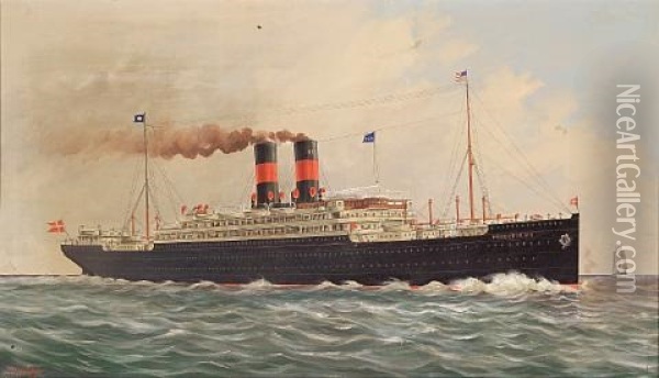 The S.s. Frederick Viii Of The Scandinavian American Line In Calm Seas Oil Painting - Ferdinand Worms