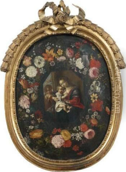 Guirlande De Fleurs Entourant Une Vierge A L'enfant Oil Painting - Andries Daniels