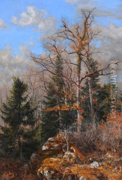 Zwei Fuchse In Herbstlichem Waldstuck Oil Painting - Pierre De Salis-Soglio