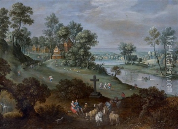 Paysage De Riviere Avec Une Scene Pastorale Oil Painting - Marten Ryckaert