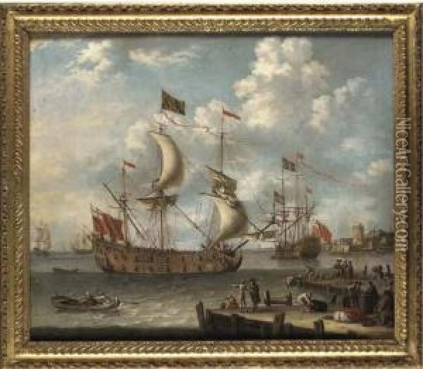 An English Fourth Rate Arriving Off Genoa Oil Painting - Lorenzo A. Castro