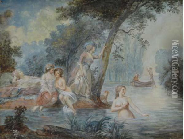 Bathers In A River With Two Men In A Rowboat Behind Oil Painting - Antoine Louis Fr. Sergent-Marceau