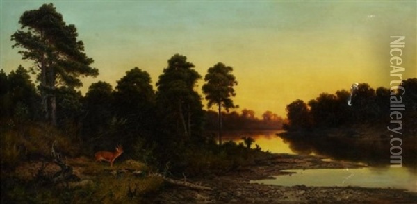 Abenddammerung Am Wasser. Am Ufer Ein Reh Oil Painting - Willibald Wex