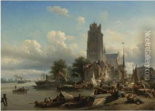 A Busy Harbour With Merchants Unloading Their Goods Oil Painting - Elias Pieter van Bommel