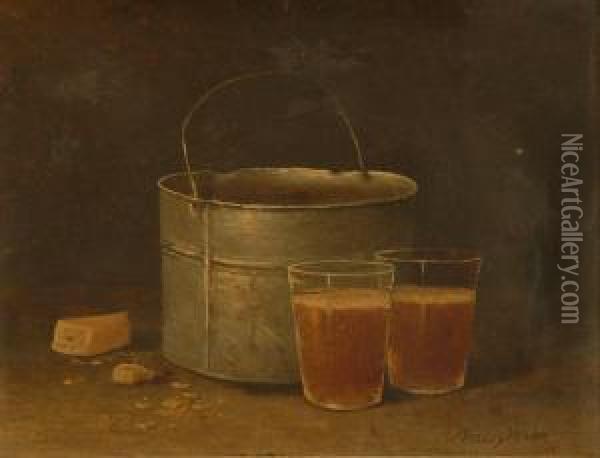 Still Life With Cups Of Cider, Cheese, And A Bucket Oil Painting - Wesley Webber