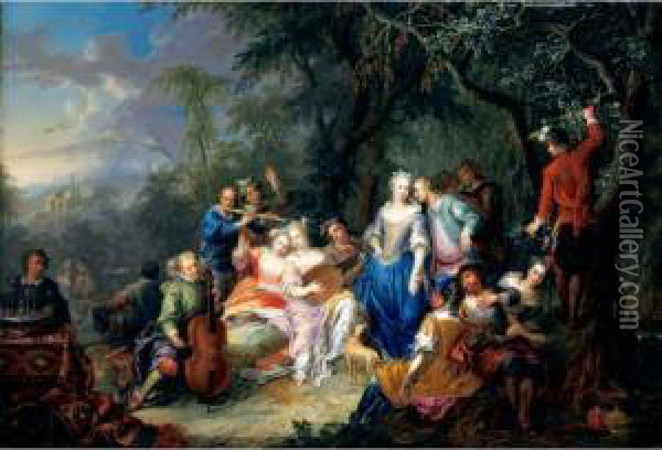 An Elegant Company, With Figures Playing Musical Instruments And Merrymaking Oil Painting - Franz Christoph Janneck