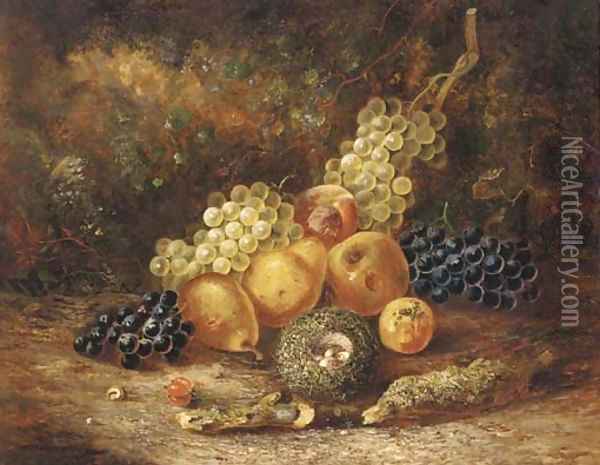 Grapes, pears, apples, a peach and a bird's nest with eggs, on a mossy bank Oil Painting - Thomas Whittle