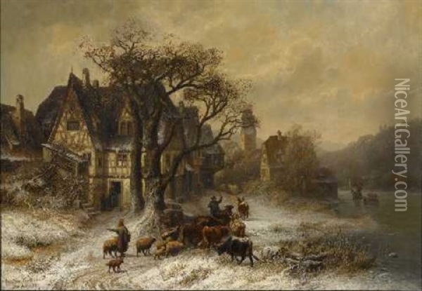 Bauern Mit Vieh Bei Der Heimkehr In Das Winterliche Dorf Oil Painting - Christian Friedrich Mali
