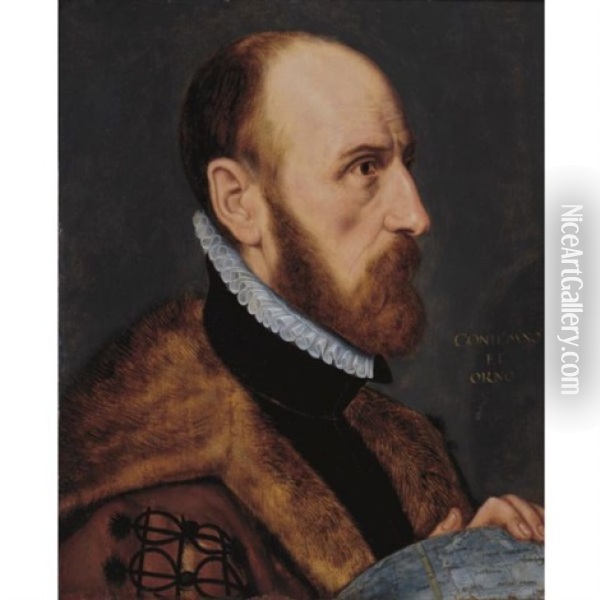 Portrait Of Abraham Ortelius, In Near Profile, Bust-length, Facing To The Right, Resting His Left Hand On A Globe Oil Painting - Adriaen Thomasz Key