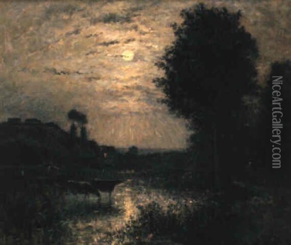 Vaches Au Clair De Lune Oil Painting - Stanislas Lepine