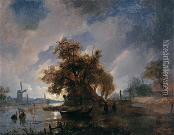 Dutch River Landscape In The Moonlight Oil Painting - Remigius Adrianus van Haanen