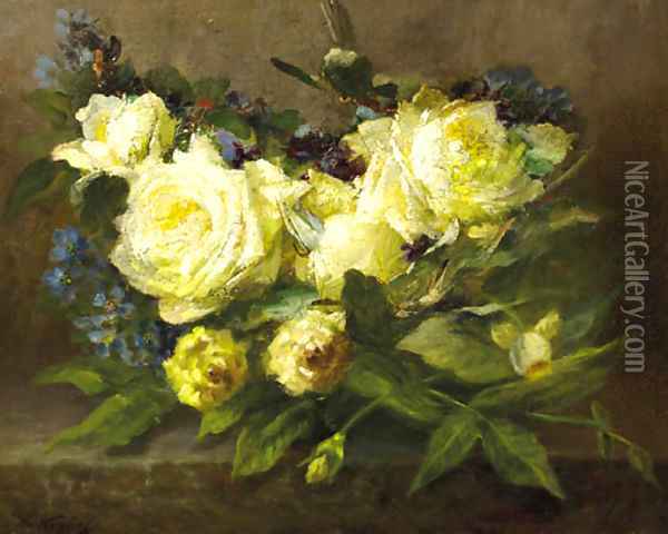 Still life with yellow roses and forget-me-nots Oil Painting - Desire de Keghel