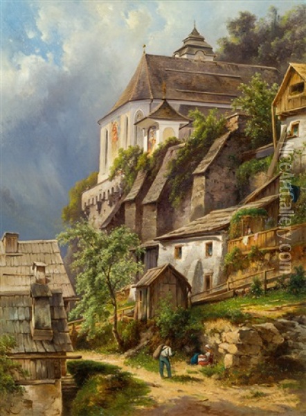 The Church Of Hallstatt Oil Painting - Carl Haunold
