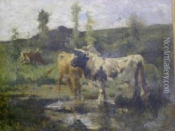 Cows In A Landscape Oil Painting - Harry Ives Thompson