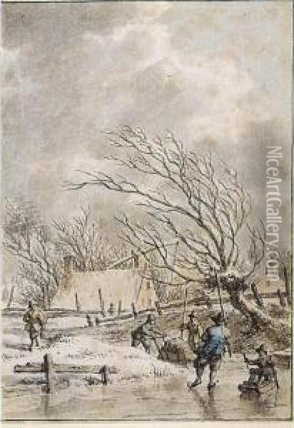 Winter Landscape With Skaters Oil Painting - Jacob Cats