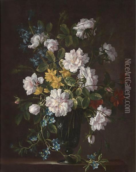 Still Life With A Bouquet Of Flowers In A Glass Vase Oil Painting - Jean-Baptiste Monnoyer