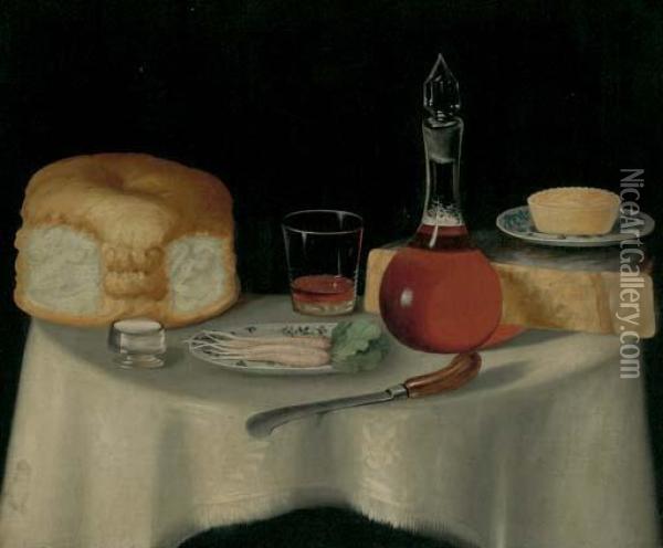 A Still Life With Bread, Cheese, A Pie, Radishes In A Dish, And A Decanter Of Ale, On A Table Oil Painting - Thomas Keyse Gloucester