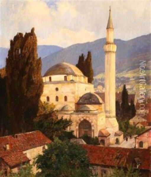 Blick Auf Die Moschee Einer Orientalischen Stadt In Den Bergen Oil Painting - Georg Macco
