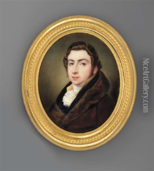 A Young Gentleman, In Fur-bordered Brown Coat, Dark Blue Coat With Black Collar Oil Painting - John Cox Dillman Engleheart