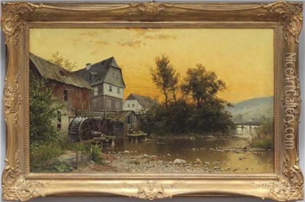 Wassermuhle Bei Marburg: Hessen Abendstimmung Oil Painting - Walter Moras