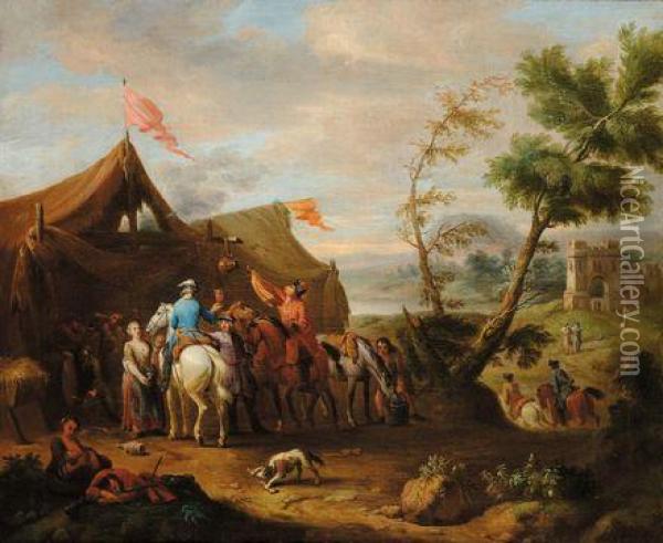 Scena All aperto Raffigurante Accampamento Con Cavalieri Oil Painting - Pieter Wouwermans or Wouwerman