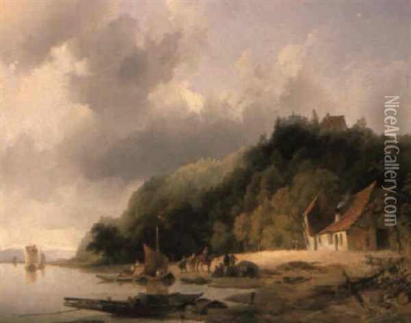 Fisherfolk At A Lakeside Cottage Oil Painting - Cornelis Gerrit Verburgh