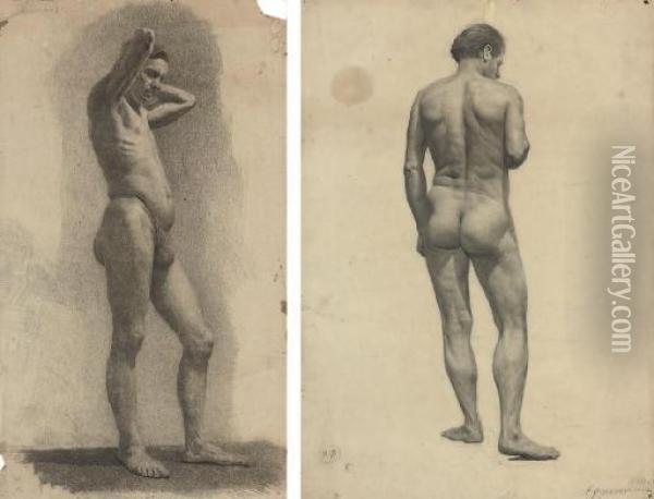 A Male Nude From The Side; And A Male Nude From The Back Oil Painting - Petr Borisovich Lambin