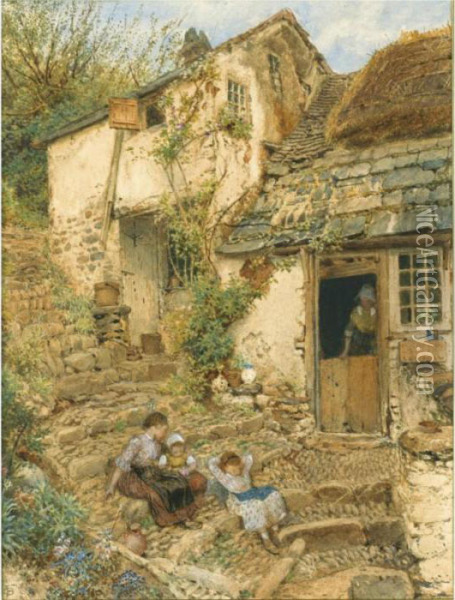 Young Girls Resting On The Steps, Devon Oil Painting - Myles Birket Foster