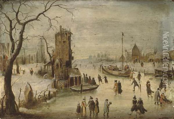 A Frozen River Landscape With Skaters Oil Painting - Hendrick Avercamp