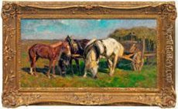 Rastende Pferde Beider Heuernte Oil Painting - Friedrich Eckenfelder