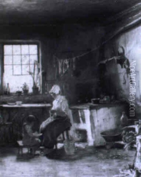 Junge Hollanderin Mit Ihrem Kind In Der Bauernkuche Oil Painting - August Roeseler