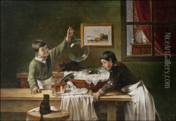 Saippuakupla Leikki (playing With Soap Bubbles) Oil Painting - Leonard Wiedh