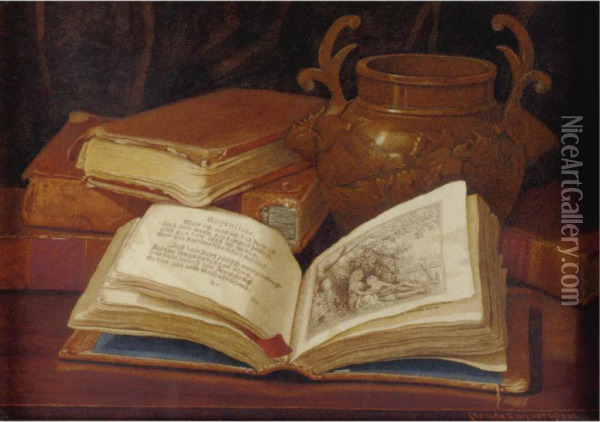 Still Life With Books And Vase Oil Painting - Claude Raguet Hirst