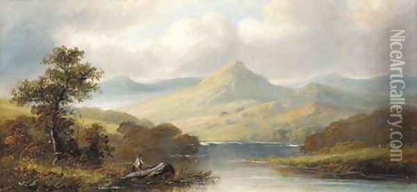 An angler in a mountainous landscape Oil Painting - J. Westall