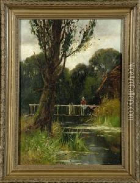 A Woman On A Rustic Bridge Near A Watermill Oil Painting - Richard William Halfnight
