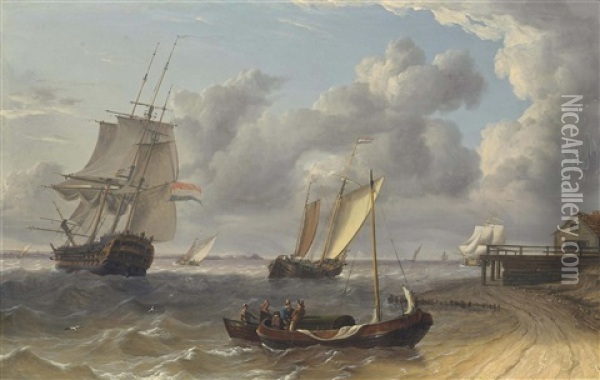 Dutch Frigate And Hoys In A Stiff Breeze Of The Low Countries Oil Painting - Charles Martin Powell