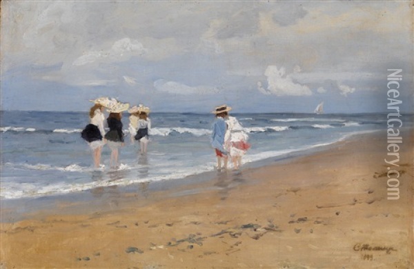 Girls Paddling At The Seaside Oil Painting - Evgeniy Ivanovich Stolitsa