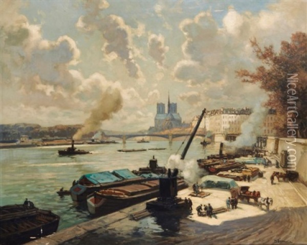 Activites Sur La Seine, Avec Vue Sur Notre Dame Oil Painting - Henri Alphonse Barnoin