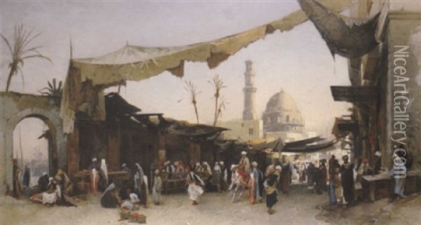 A Busy Market, Cairo Oil Painting - Hermann David Salomon Corrodi