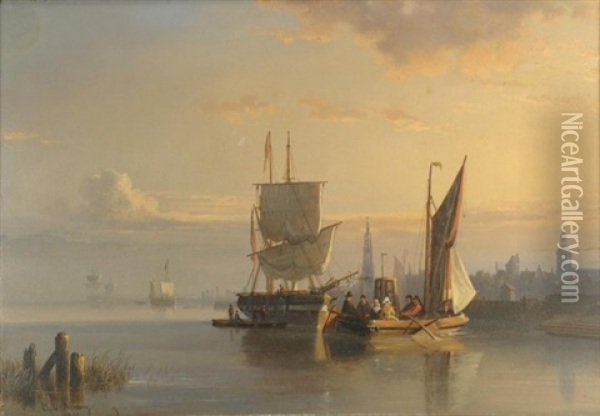 European Harbor Scene With Two Ships, One With Figures In The Foreground And Ships And City In The Background Oil Painting - Egidius Linnig