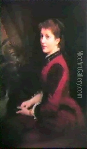 A Portrait Of Miss Hedwig Henschel, Seated Three Quarter    Length Wearing A Burgandy Eve-ening Dress And Holding A Fan. Oil Painting - Franz Theodore Grosse